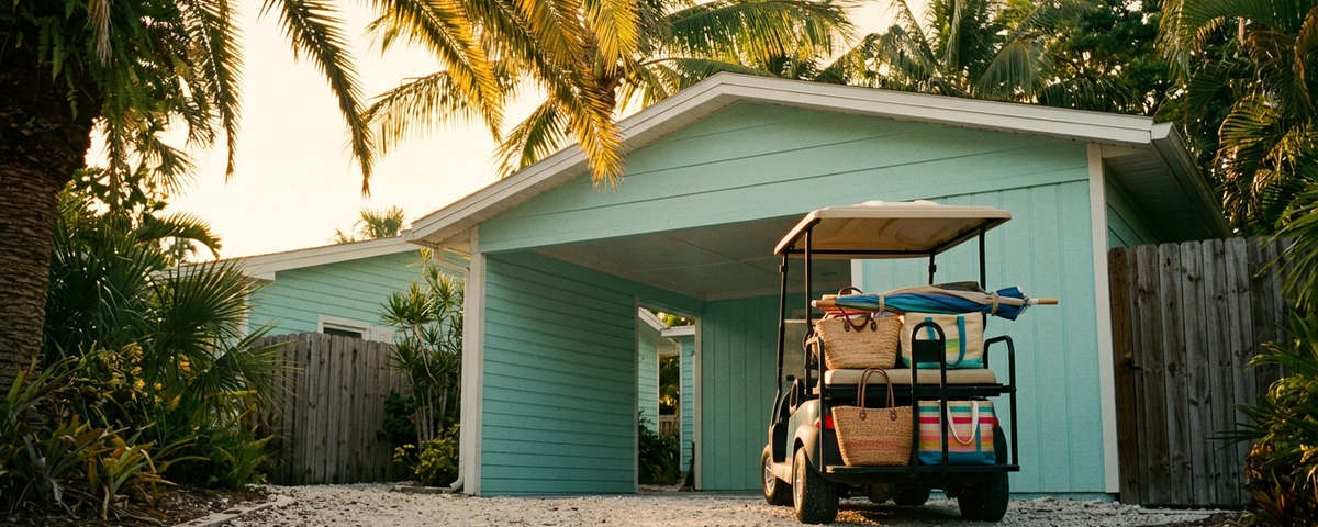 Turquoise beach cottage with golf cart loaded with beach gear, baskets, and towels surrounded by palm trees