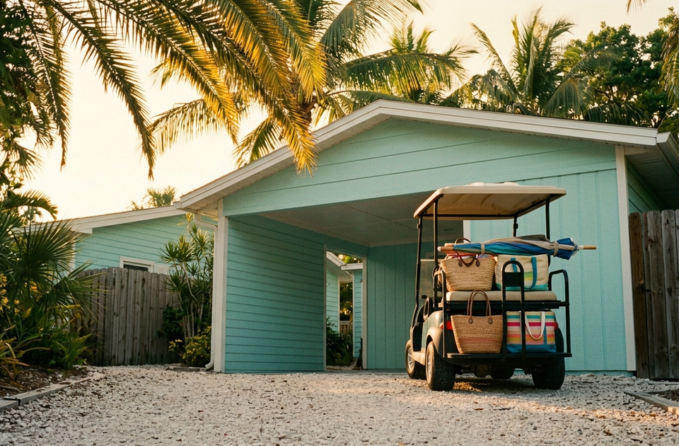 Turquoise beach cottage with golf cart loaded with beach gear, baskets, and towels surrounded by palm trees