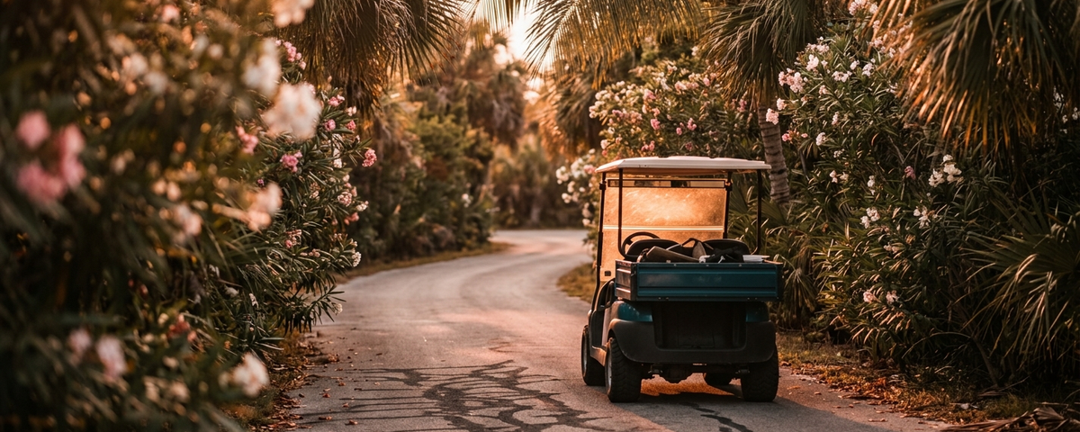 Vintage gold golf cart on palm-lined path surrounded by pink and white flowering bushes on Anna Maria Island.