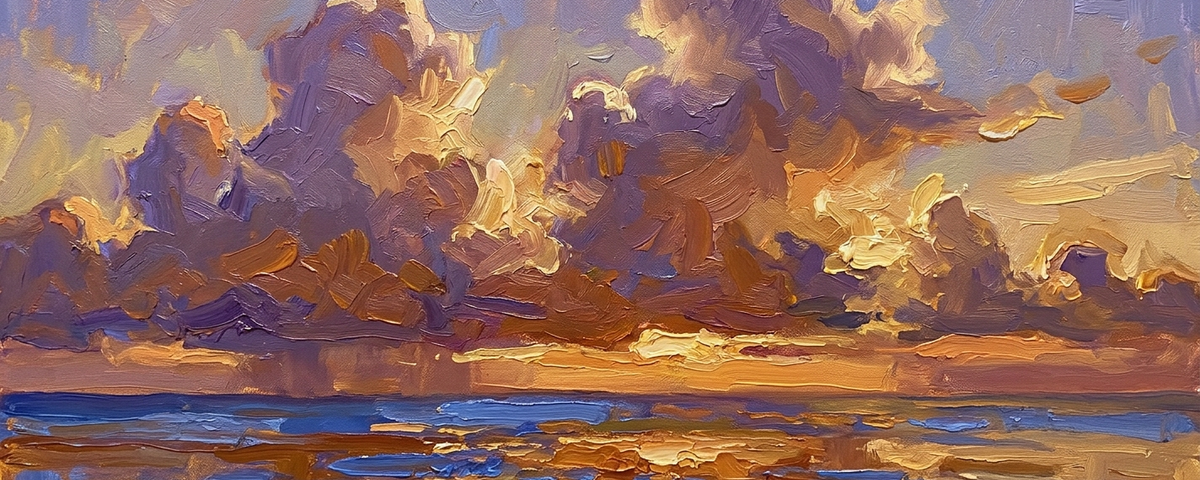 Oil painting of dramatic golden and purple storm clouds over AMI summer storms beach with blue water below at sunset