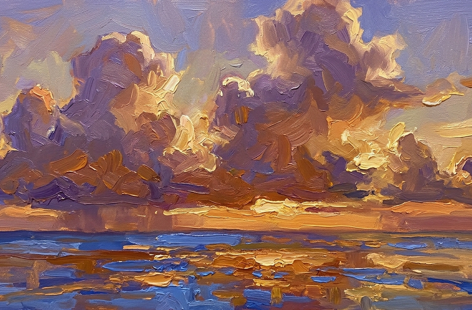 Oil painting of dramatic golden and purple storm clouds over AMI summer storms beach with blue water below at sunset