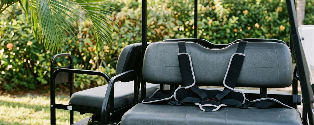 Golf cart with black child safety seats and harnesses parked in tropical garden setting