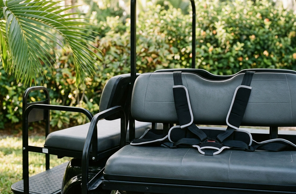 Golf cart with black child safety seats and harnesses parked in tropical garden setting