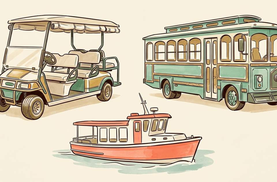 Three Anna Maria Island transportation options: golf cart, trolley, and red ferry boat on cream background.