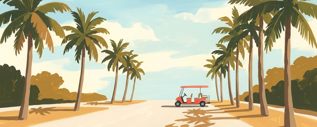 Red golf cart on sandy beach road lined with palm trees under blue sky, old Florida AMI style