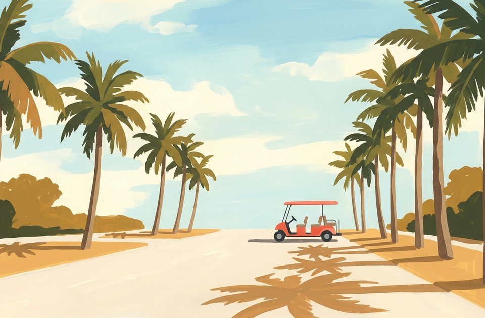 Red golf cart on sandy beach road lined with palm trees under blue sky, old Florida AMI style