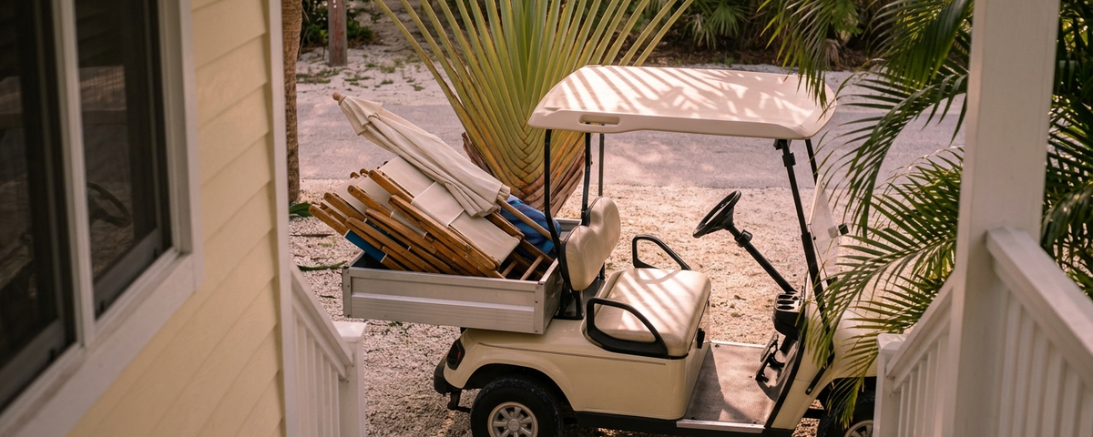 Street-legal golf cart AMI loaded with beach chairs and equipment parked under palm trees near coastal home