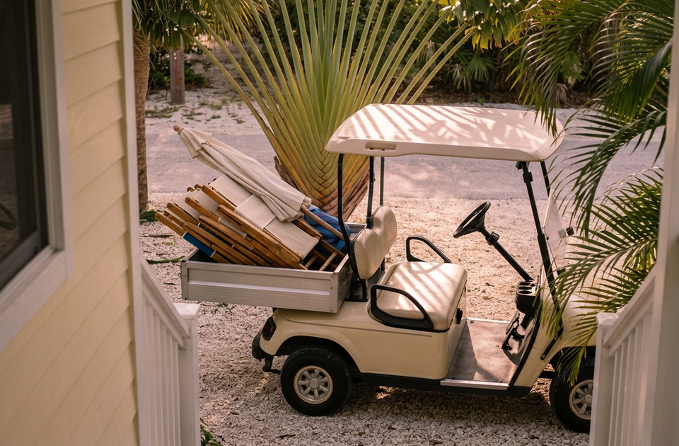 Street-legal golf cart AMI loaded with beach chairs and equipment parked under palm trees near coastal home
