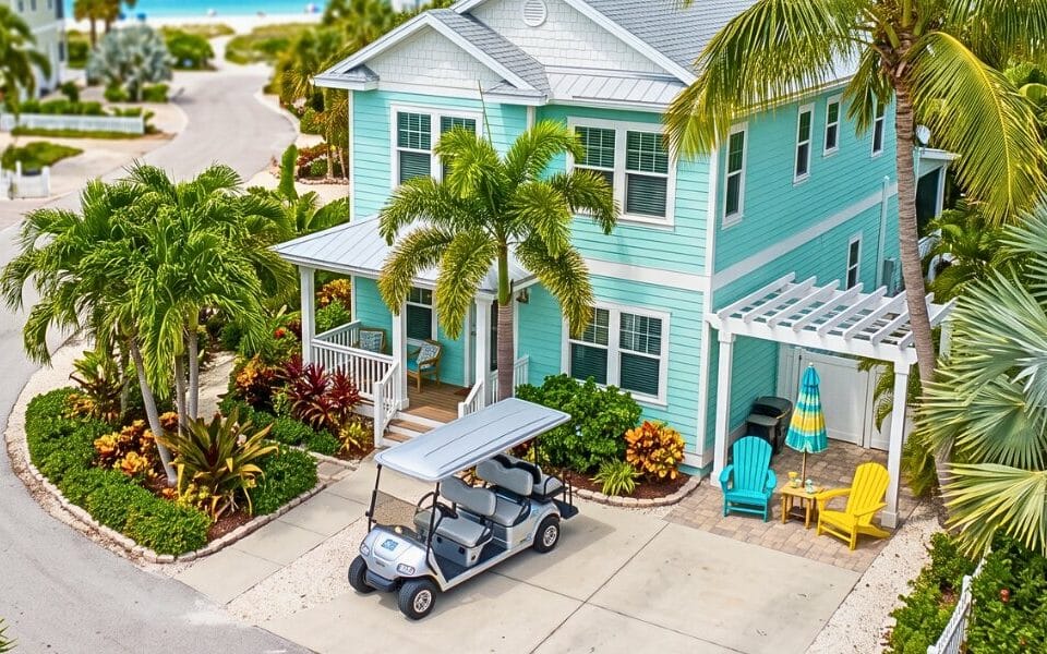 Gas golf cart parked at an Anna Maria Island vacation home during an extended coastal stay.