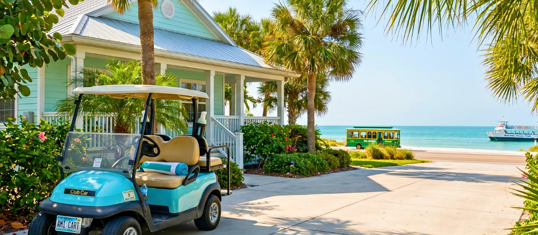 Golf cart waiting at an Anna Maria Island vacation rental near local transportation routes.