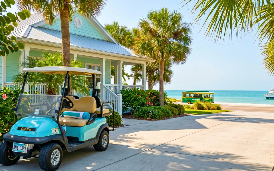 Golf cart waiting at an Anna Maria Island vacation rental near local transportation routes.