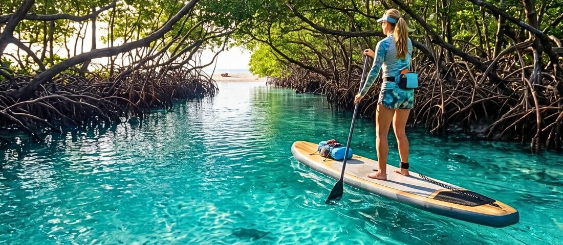 Person paddleboarding through calm Anna Maria Island waters toward a mangrove tunnel with wildlife below.