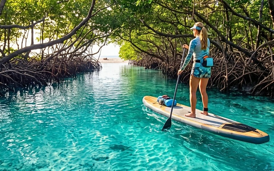 Person paddleboarding through calm Anna Maria Island waters toward a mangrove tunnel with wildlife below.