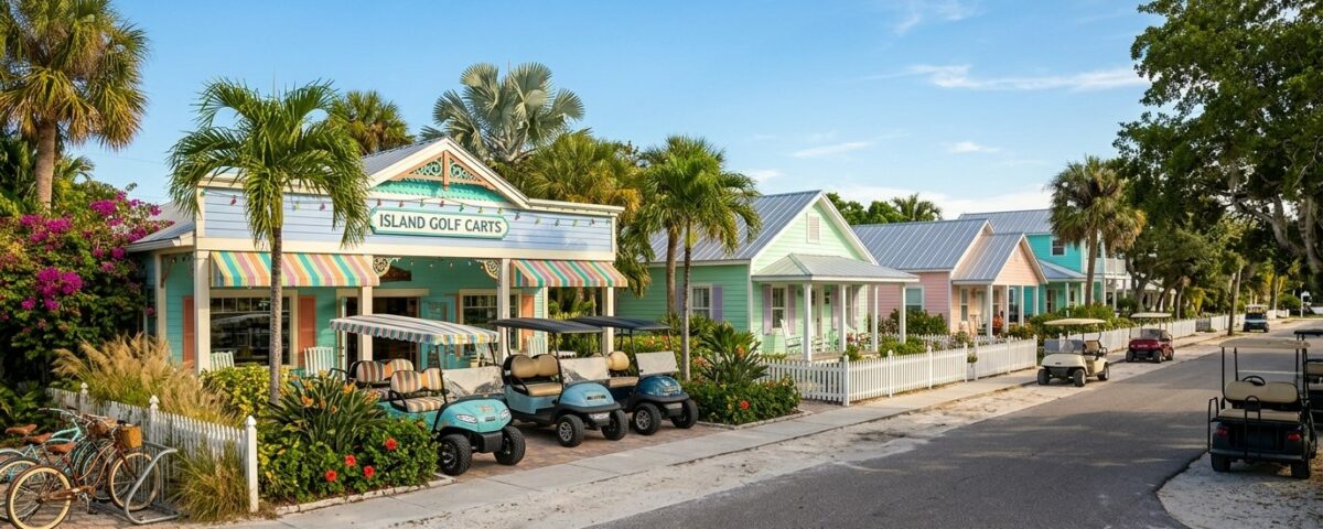 Golf cart parked on sandy driveway near palm trees and modern beige house with louvered shutters