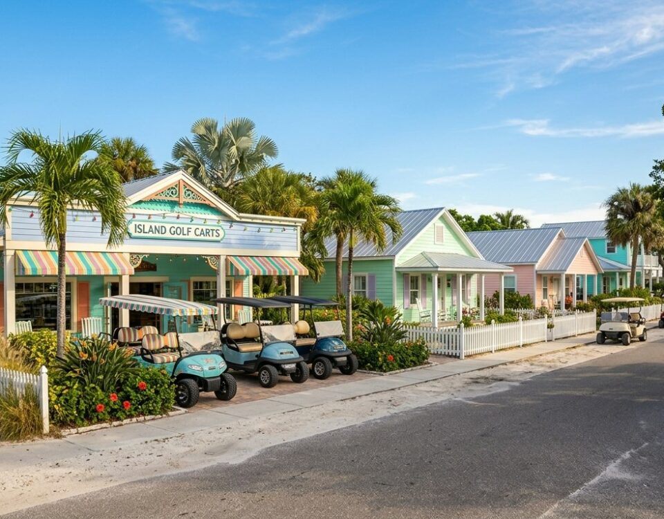 Golf cart parked on sandy driveway near palm trees and modern beige house with louvered shutters
