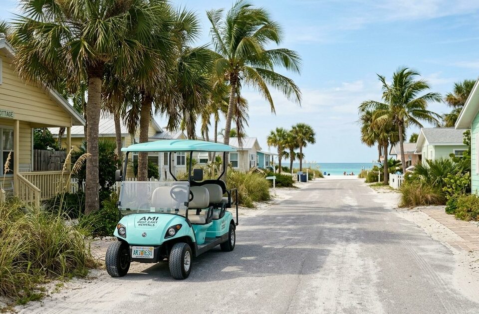 Family of four riding white golf cart on shaded tree-lined path through Anna Maria Island golf cart culture neighborhood