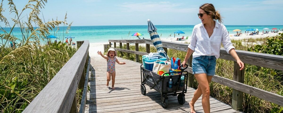 Father and two toddlers playing with toy wagon filled with beach toys and towels on Anna Maria Island patio