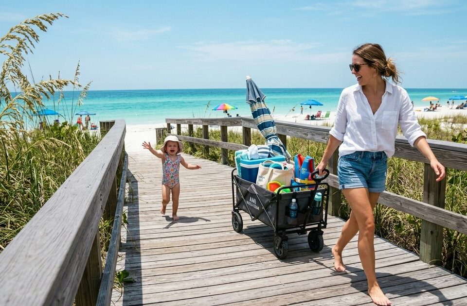 Father and two toddlers playing with toy wagon filled with beach toys and towels on Anna Maria Island patio