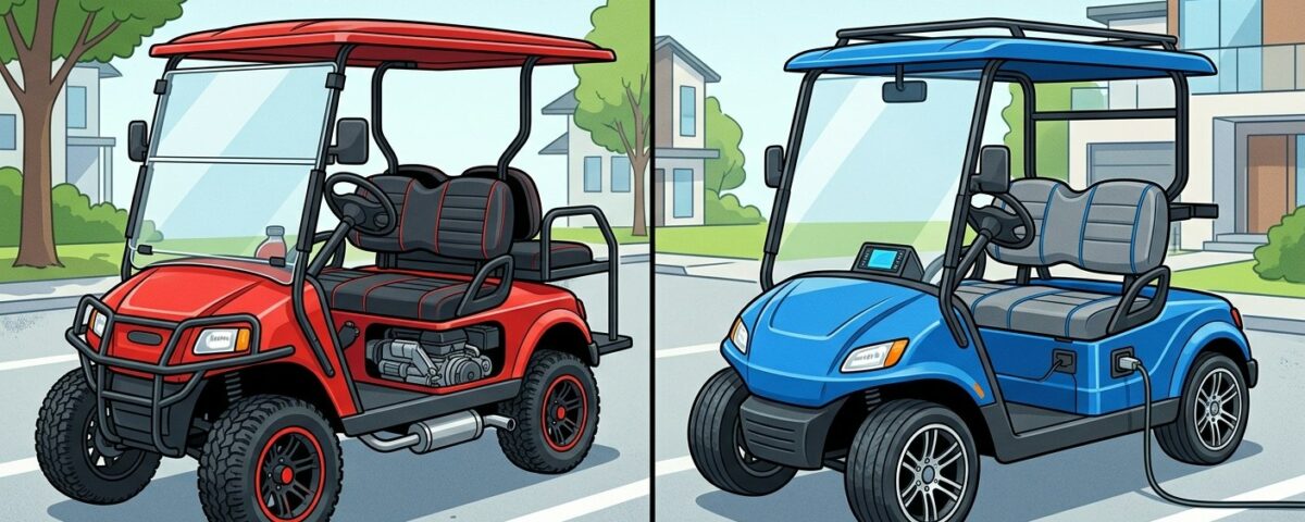Vintage collage illustration of turquoise and cream gas vs electric golf cart surrounded by tropical plants on sandy path