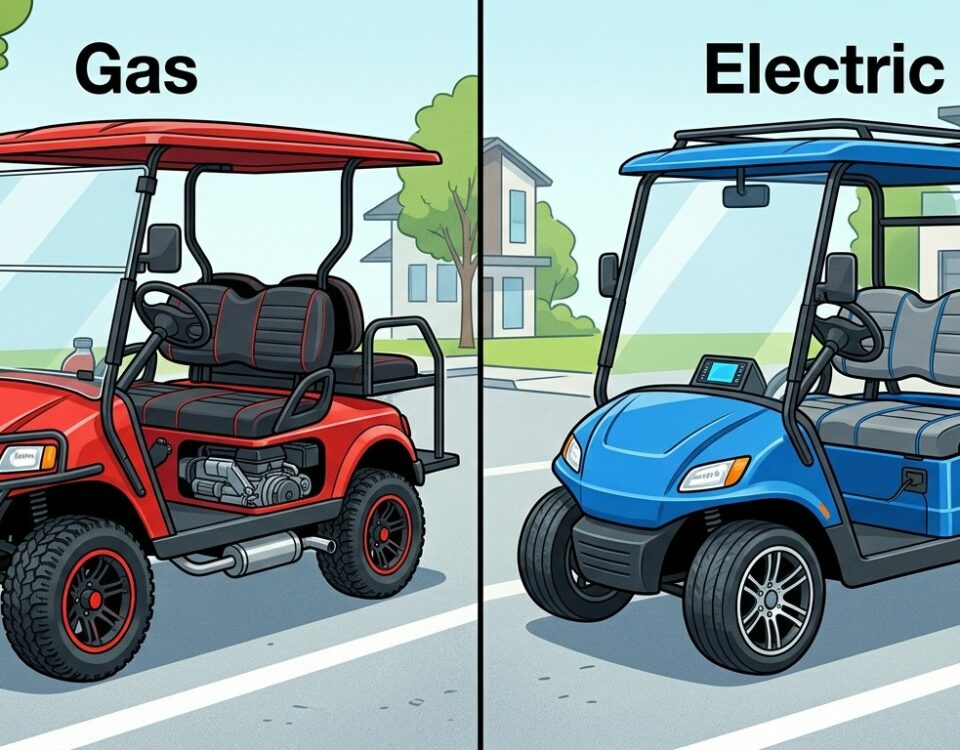 Vintage collage illustration of turquoise and cream gas vs electric golf cart surrounded by tropical plants on sandy path