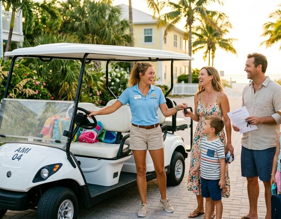 Real estate agent handing keys to woman in front of golf cart near tropical home on Anna Maria Island