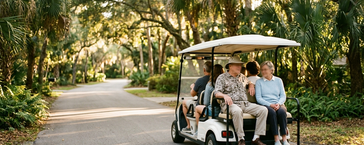 Multi-generational golf cart on shaded Anna Maria Island tree-lined road with families riding together