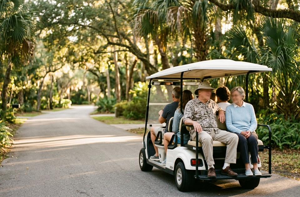 Multi-generational golf cart on shaded Anna Maria Island tree-lined road with families riding together