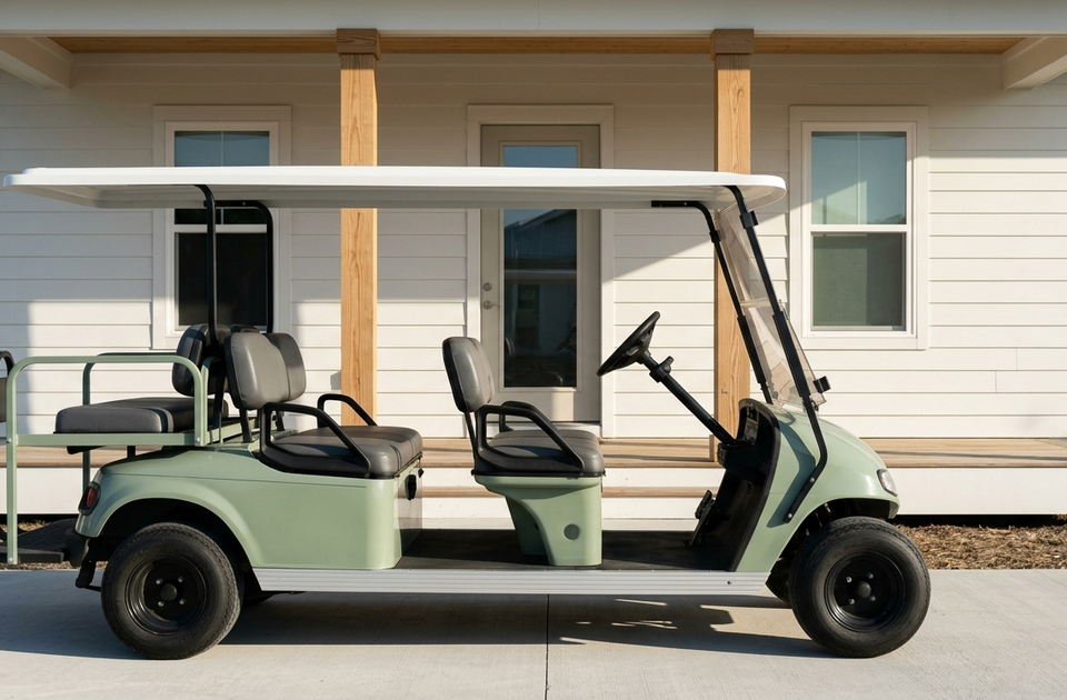 Mint-green street-legal golf cart parked on driveway in front of modern home with covered porch and wooden beams