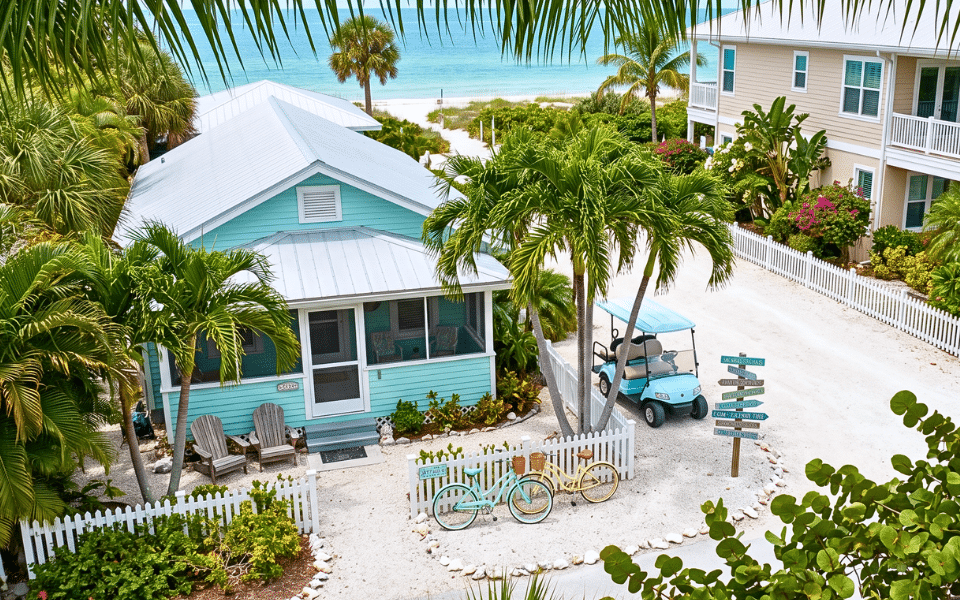 Old Florida beach homes and a golf cart reflect Anna Maria Island timeless coastal charm.