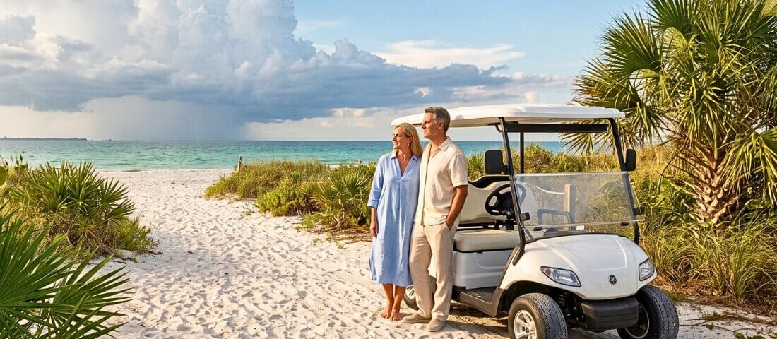 Couple beside a golf cart watches summer clouds build over Anna Maria Island before the afternoon rain.