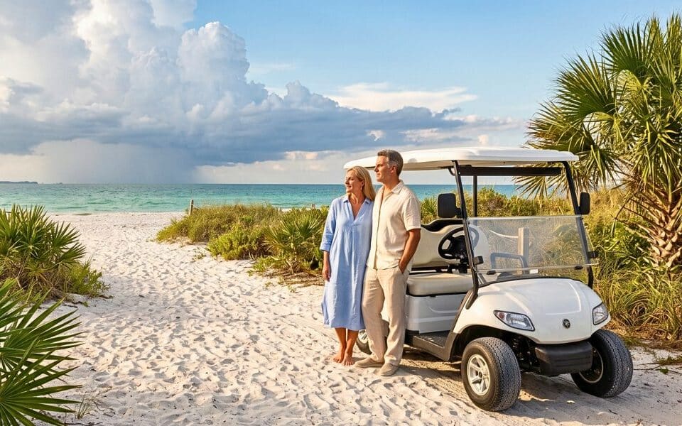Couple beside a golf cart watches summer clouds build over Anna Maria Island before the afternoon rain.