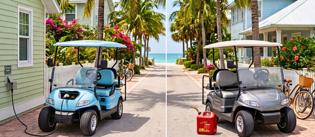 Electric and gas golf carts parked outside the same Anna Maria Island vacation home for comparison.