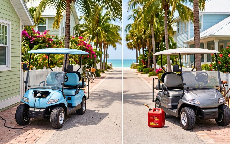 Electric and gas golf carts parked outside the same Anna Maria Island vacation home for comparison.