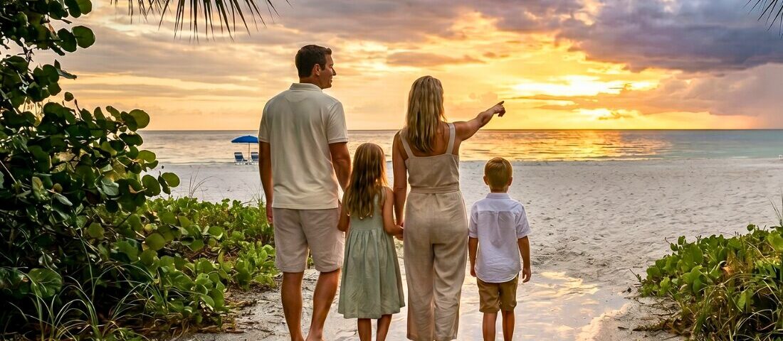 Family watching a colorful sunset on Anna Maria Island after a brief summer storm.