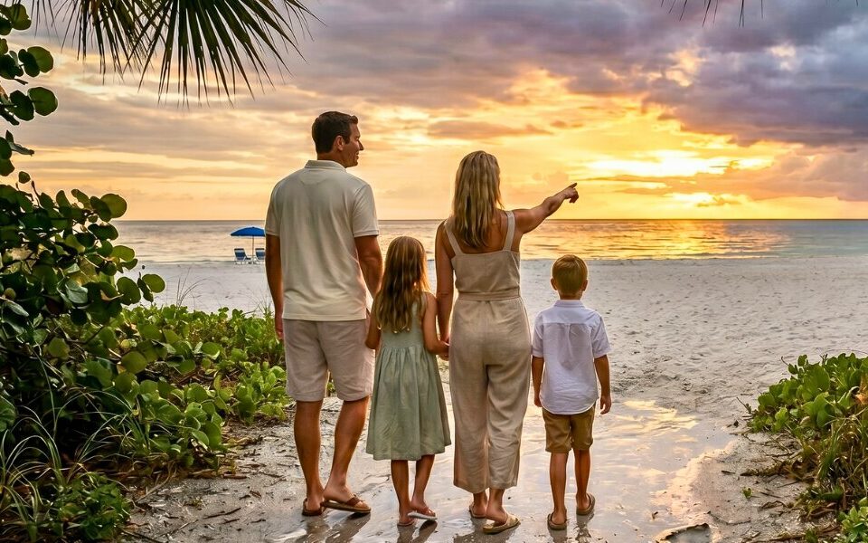 Family watching a colorful sunset on Anna Maria Island after a brief summer storm.