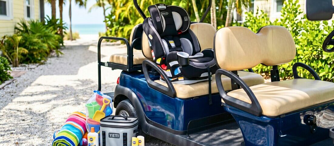 Golf cart with a properly installed child safety seat outside an Anna Maria Island vacation rental
