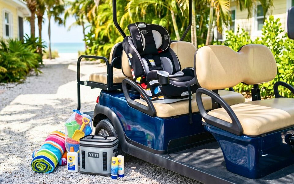 Golf cart with a properly installed child safety seat outside an Anna Maria Island vacation rental
