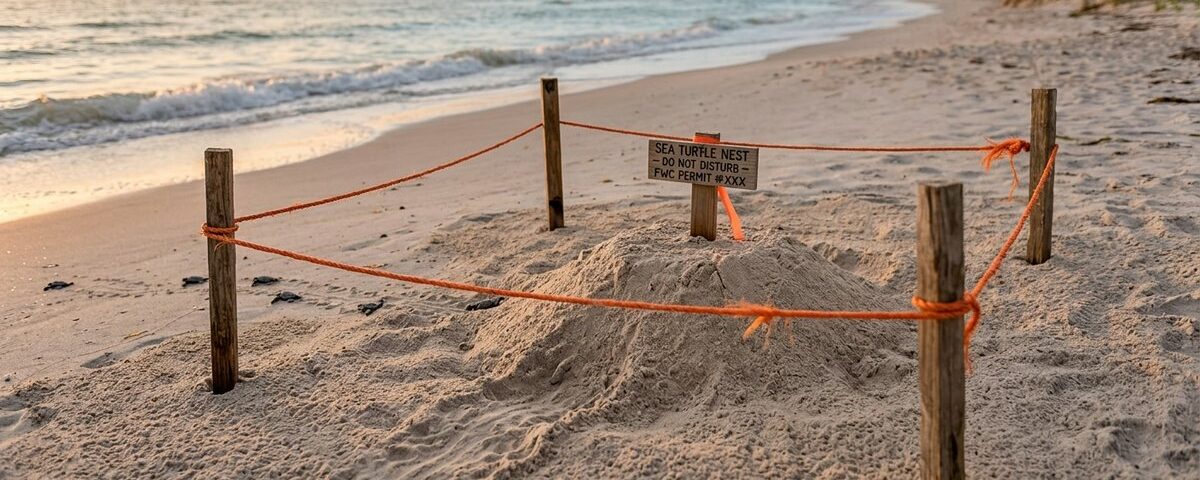 Wooden stakes with red ribbon marking turtle nesting area on Anna Maria Island beach at sunset
