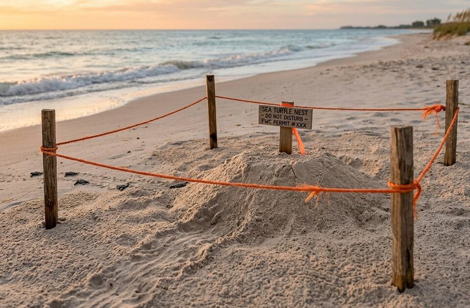 Wooden stakes with red ribbon marking turtle nesting area on Anna Maria Island beach at sunset