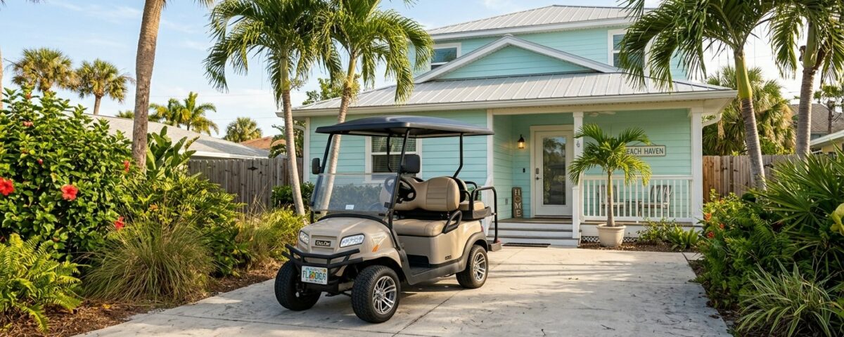 White golf cart parked on gravel against turquoise wall, ready for golf cart delivery Anna Maria Island service