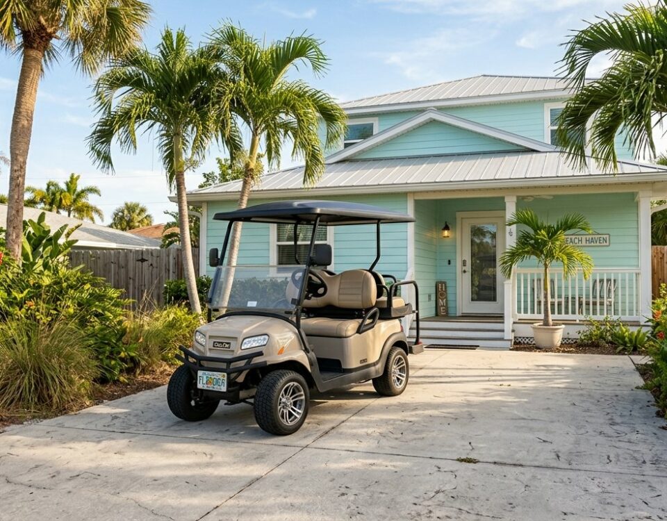 White golf cart parked on gravel against turquoise wall, ready for golf cart delivery Anna Maria Island service