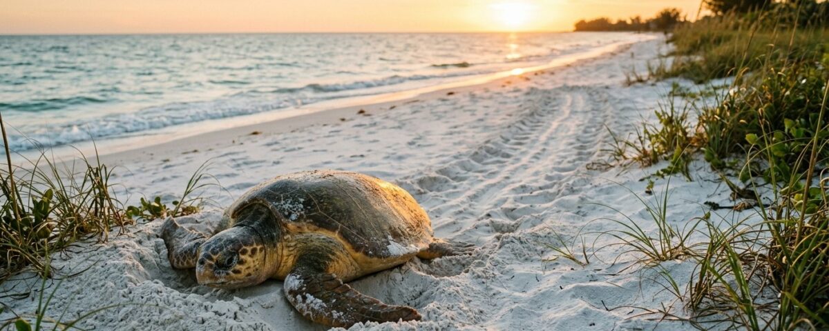 Wooden fence with orange ropes protecting sea turtle nesting area on sandy beach at sunset on Anna Maria Island