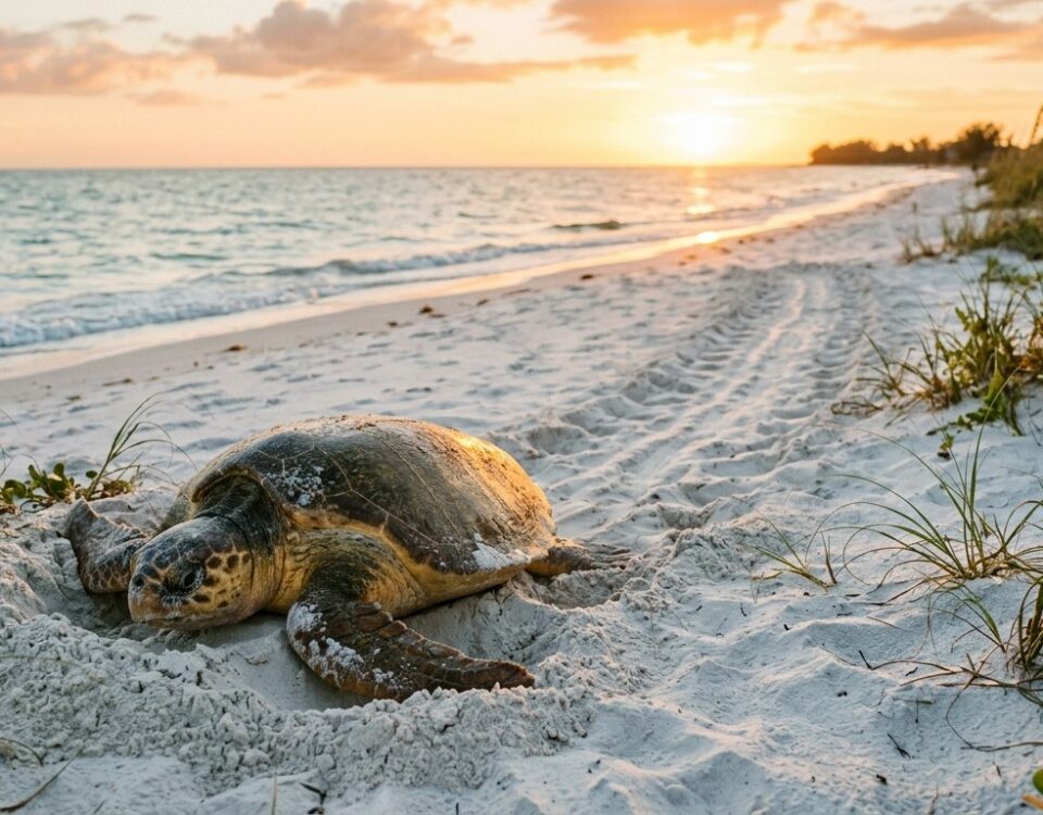 Wooden fence with orange ropes protecting sea turtle nesting area on sandy beach at sunset on Anna Maria Island