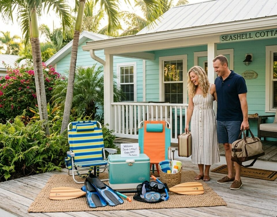 Paper collage of tropical vacation rental with red house, golf cart, palm leaves, and beach chair against cream background