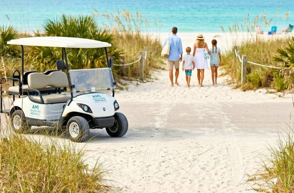 Oil painting of blue golf cart parked by tropical beach cottage at sunset, capturing the weekly AMI vacation rhythm