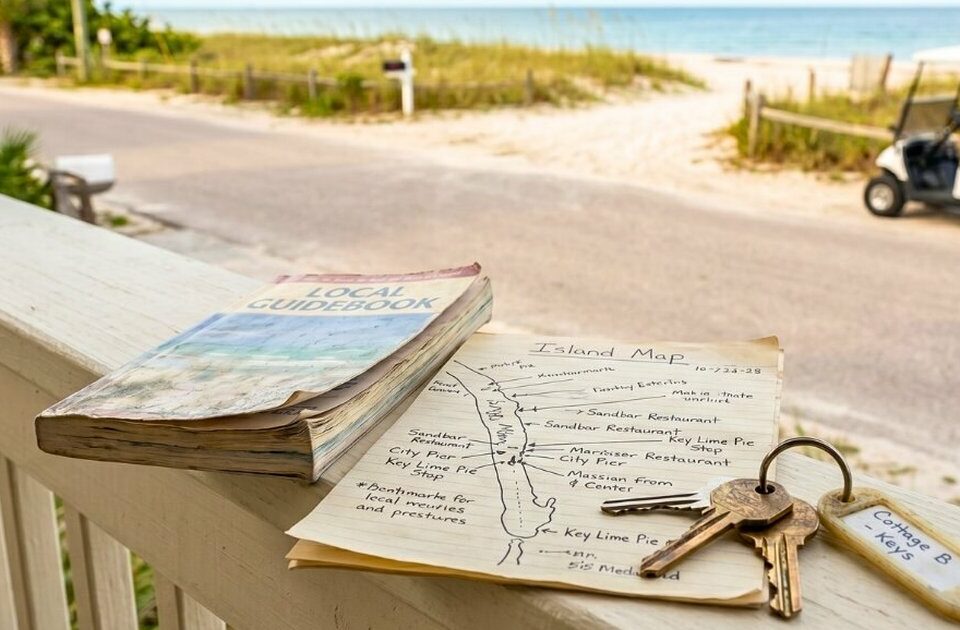 Vintage golf cart parked on palm-lined path with woven beach bag, representing Anna Maria Island local knowledge and...