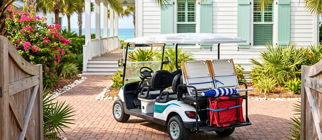 Golf cart waiting in a vacation rental driveway before guest arrival on Anna Maria Island.