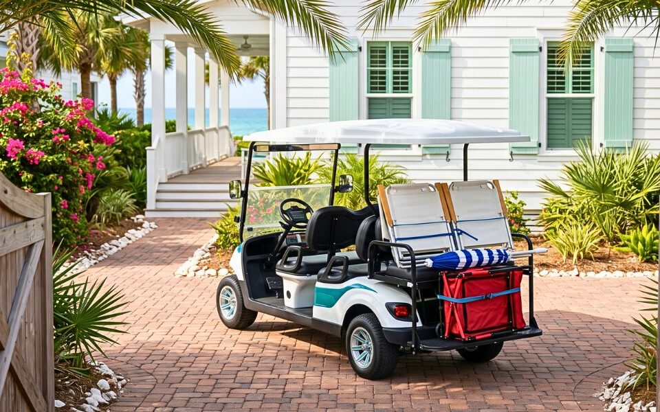 Golf cart waiting in a vacation rental driveway before guest arrival on Anna Maria Island.