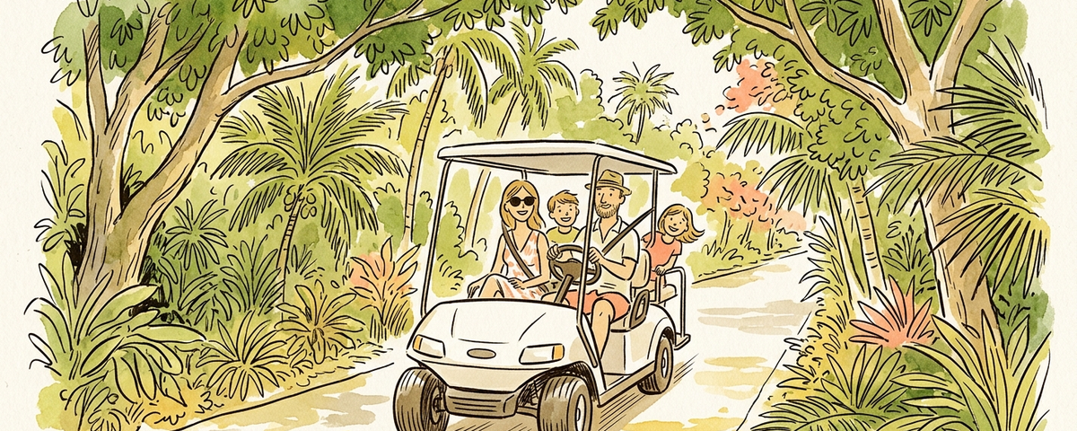 Family riding golf cart on shaded tropical path through lush vegetation and palm trees on Anna Maria Island