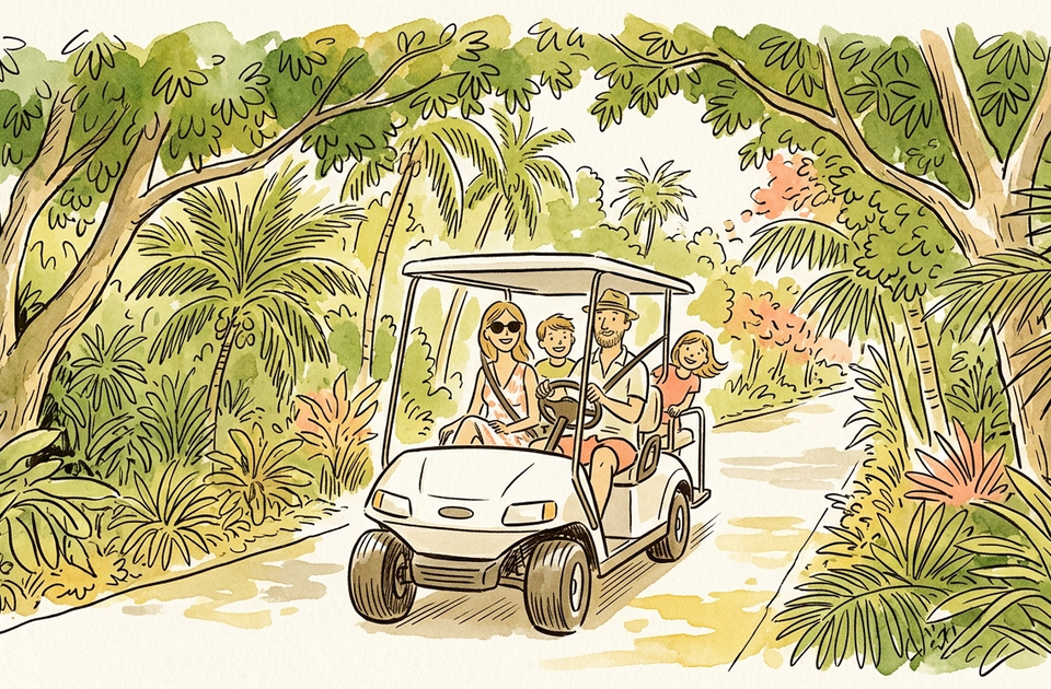 Family riding golf cart on shaded tropical path through lush vegetation and palm trees on Anna Maria Island